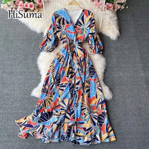 2021 summer new women V-neck puff sleeve ruffles flower print chiffon A-line dress female Chic elegant waist beach dresses