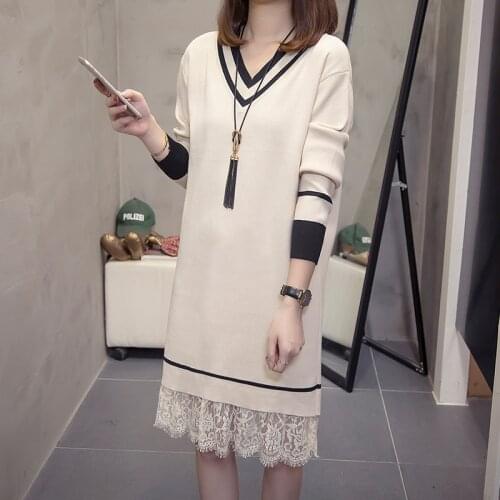 Mom Elegant Knitted Lace Sweater Dress Woman Long Sleeve Korean V Neck Black Midi Dresses Womens Plus Size Clothing Autumn New