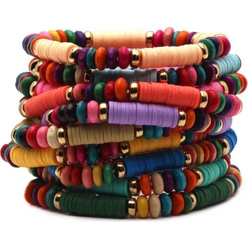 6mm Multicolored Polymer Clay Heishi Abacus Wood Beads Stretch Bracelet Women Boho Colorful Purple Blue Beach Jewelry Present