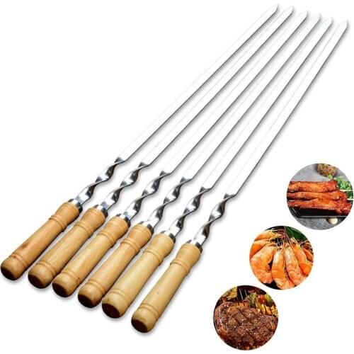 6PCS 21.7in BBQ Skewers Wooden Handle Stainless Steel Shish Kebab BBQ Fork Set Outdoor Grill Needle Grill Skewers Grill Stick