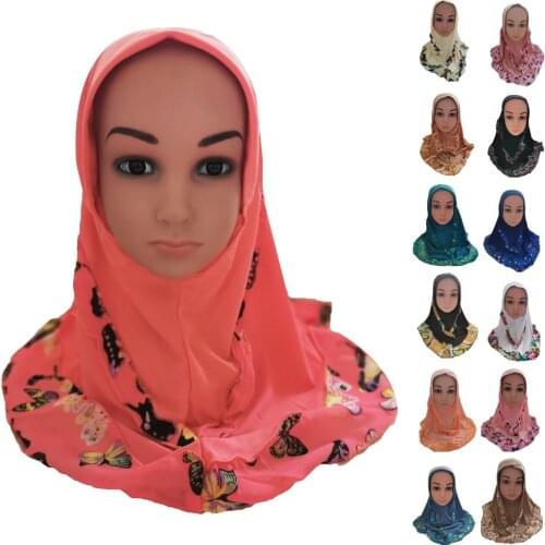 One Piece Kids Girls Scarf Hijab Amira Muslim Headscarf Islamic Shawls Arab Wrap Bandanas Turban Printed Patchwork Head Wrap New