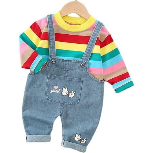 Spring Autumn Baby Striped Clothes Children Boys Girl Cotton T Shirt Overalls 2Pcs/sets Toddler Sportswear Kids Cartoon Clothing