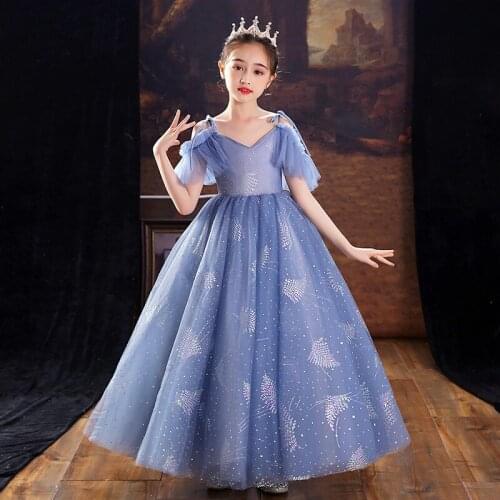Children Girls Elegant Luxury Shoulderless Collar Birthday Evening Party Princess Fluffy Dress Model Show Catwalk Piano Dress