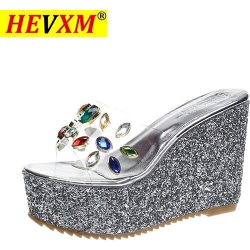 HEVXM 2021 Women Transparent Clear Crystal Sequins Platform Wedge Thick Sole Sandals High Heels Mules Slides Summer Beach Shoes