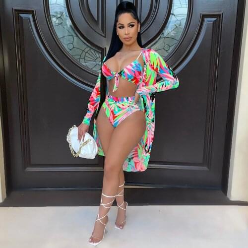 Sexy Leave Print 3 Piece Bikini Set Summer Vacation Outfit Beachwear Crop Top+underpant+cover Up Holiday Matching Suit Birthday