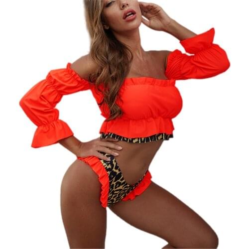 Two Piece Off Shoulder Ruffle Swimwear Women Long Sleeve Bandeau High Cut Leopard Bottom Bikini 2 Piece Swimsuit Bathing Suits
