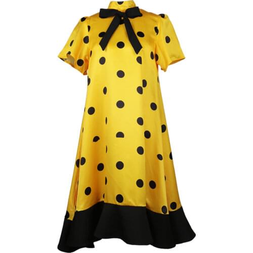 Summer Fashion Yellow Polka Dot Kawaii Patchwork Midi Dresses Bow Tie Stand Neck Women Flared Sleeves Casual Wear Party Robes XL