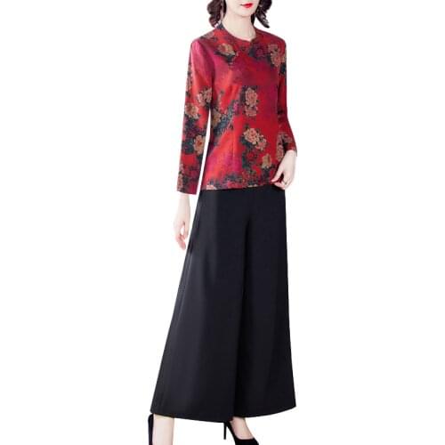 2021 Womens Suit Fashion Middle-Aged Elderly Mothers Elegant Spring Western Style Seduced Age Wide Leg Pants Two-Piece Loose