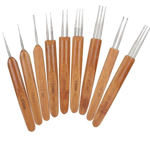 9Pcs Stainless Steel Dreadlock Crochet Hook Needle Set 0.5/0.75/1mm 1/2/3 Hooks Bamboo Handle Braid Hair Weaving Knitting Tool