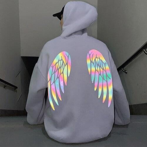 Latest Design Fashion Streetwear Men Loose Reflective Back Printed Fleece Pullover Hoodies