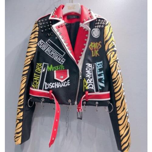 2020 Spring New fashion brand Thailand style rivet beading graffiti embroidery cartton locomotive Pu leather short jacket wq845