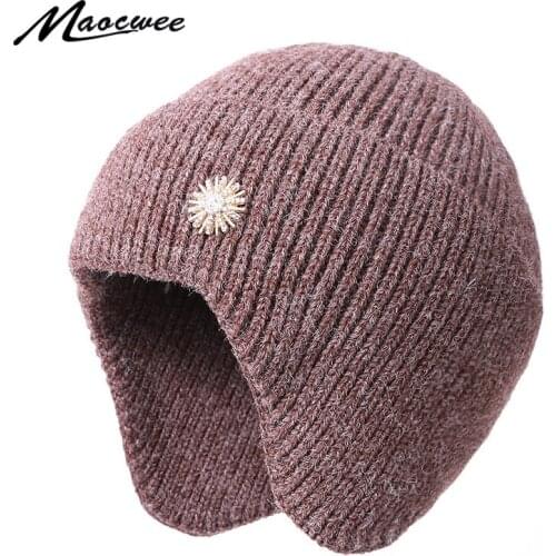 Autumn Winter Ear Protection Skullies Beanies For Women Men Solid Color Metal Diamond Flower Decoration Crochet Slouch Warm Hat
