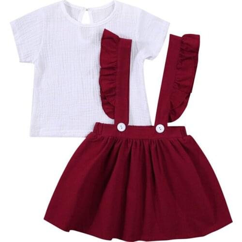 Girls Skirt Two Pieces Suit Fresh Solid Color Short Sleeve T-shirt and Ruffles Suspender Skirt Childrens Clothing