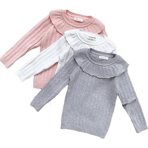 Baby Kids Girls Pullover Sweaters New 2021 Autumn Kids Girls Long Sleeve Lotus Leaf Collar Knit Sweater Winter Children Clothing
