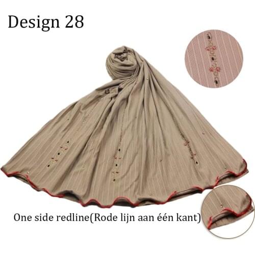 Roma Lined-D28 One Side Redline Striped Stretch Hijab Jersey Long Shawls For Islamic Arab Muslim Ladys Turban Wraps