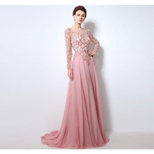 2021 Chiffon A-Line Floor-Length Sash Pastels Beads Pearls Prom Dresses Back Zipper Pleated Luxury Party Dress Long Sleeves 004