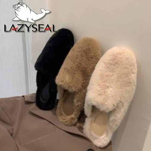 LazySeal Warm Home Slippers Fluffy Women Shoes Winter Comfort Furry Flat Heel Female Cute Indoor Slippers For Woman Flip Flops