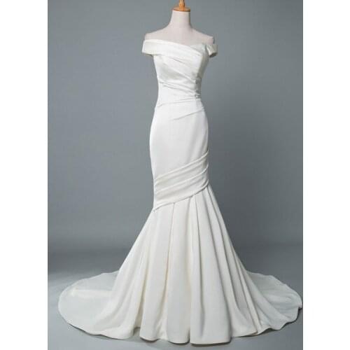 Vintage Wedding Dress Mermaid Off The Shoulder Sleeveless Pleated Satin Fabric With Train Traditional Dresses For Bride