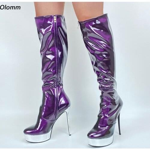 Olomm Handmade Women Platform Knee High Shiny Boots Thin High Heels Round Toe Gorgeous Purple Party Shoes Women US Size 5-15