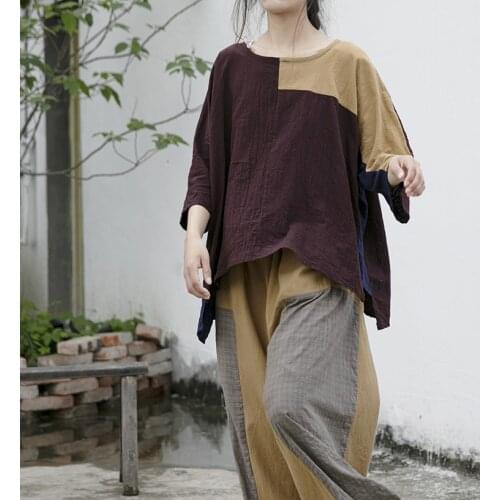Women Loose Patchwork Cotton Linen Tees Shirt Tops Ladies Spliced T-shirt Female Spring Summer Tee Shirt