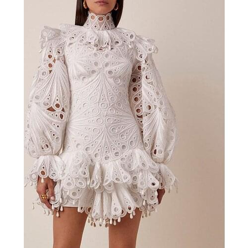 2021 Summer Fashion Hollow Outer Skirt Female High Neck Long Sleeve High Waist Ruffled Irregular Dress Women