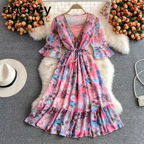 2021 New Summer Sweet V-neck flare sleeve Dress high waist lace up waist Ruffles patchwork print mid-length A-line Dress