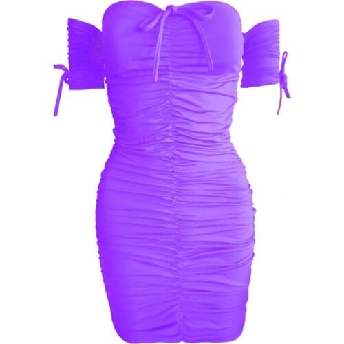 Womens Dress Party Tube Top Pleated Design Off Shoulder Short Sleeved Mid Length