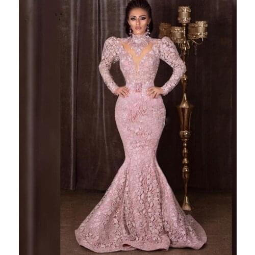 Saudi Arabic Evening Dress Lace Belt abiye abendkleider Pink Long Mermaid Full Sleeves Evening Dresses Vestido De Festa Longo