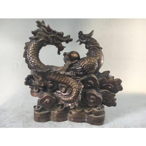 11'' bronze sculpture home fengshui auspicious animal Dragon Phoenix statue