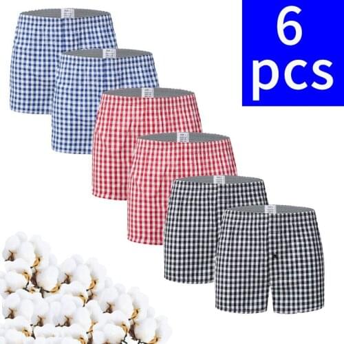 6PCS Mens Underwear Boxers Loose Stripe Plaid Shorts Male Panties 100% Cotton Large Size Arrow Pants At Home Man Underwear