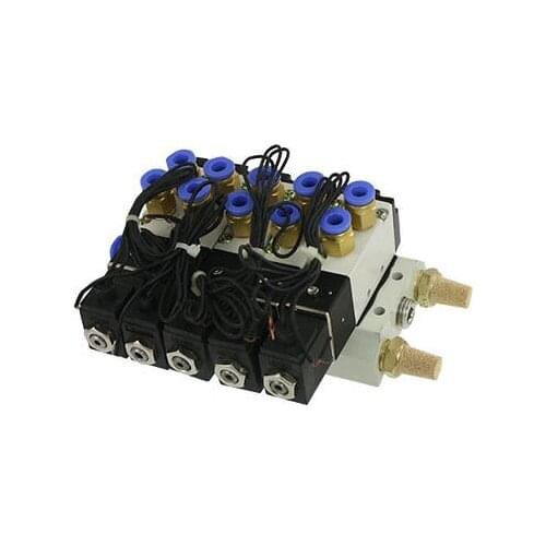 AC 220V 2 Positions Quintuple Solenoid Valve Connectors Silencers Base Set