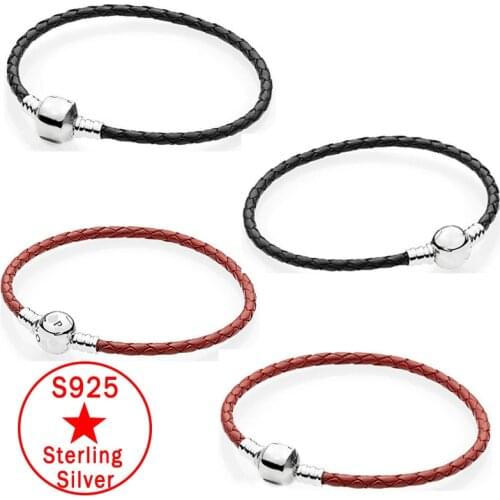 Authentic 925 Sterling Silver Moments Braided Leather Europe Bracelet Fit Fashion Women Bead Charm Bangle Gift DIY Jewelry