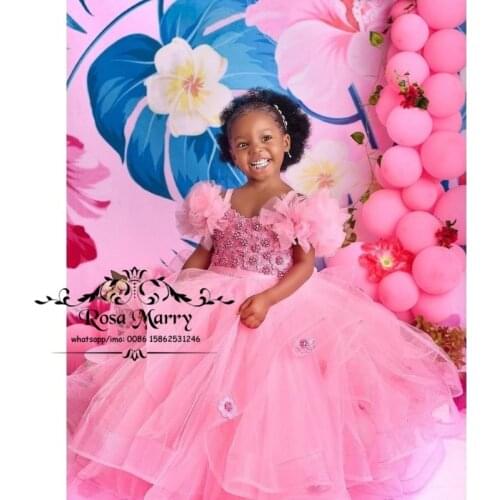 Lovely Pink Ball Gown Pageant Flower Girls Dresses Vintage Lace Cupcake Beaded First Communion Birthday Party Gowns for Toddlers