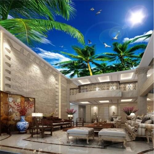 Beibehang Custom ceiling wallpaper mural Coconut tree blue sky white clouds seagull ceiling Photo 3d wallpaper papel pintado