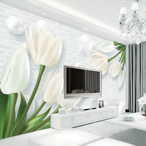 Custom Photo Wallpaper Modern 3D Stereoscopic Relief White Pearl Tulip Living Room TV Background Brick Wall Painting Home Decor