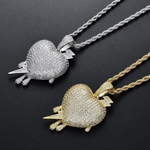 Hip Hop AAA Cubic Zirconia Pave Bling Iced Out Lightning Heart Pendants Necklace for Women Men Lover Rapper Jewelry Silver Color