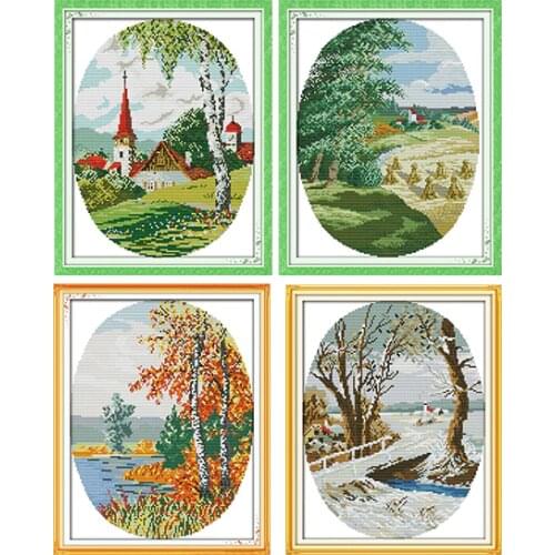Joy Sunday Cotton Thread Painting Country Scenes 11CT 14CT DIY Needlework Sets Patterns Counted Cross-Stitching Home Decoration