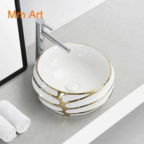 Ceramic table top washroom lavatory lavabo modern bathroom sink art basin gold and white face hand wash basin Bathroom sink