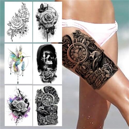 Compass Flower Temporary Tattoos For Women Men Adult Black Death Skull Rose Tattoo Sticker Fake Hummingbirds Large Tatoos Thigh