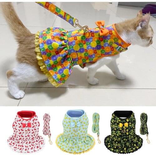 Lovely Cat Harness Vest and Leash Set Summer Kitten Dog Cotton Clothes Dress Bowknot Pet Vest Dress for Small Medium Dogs Cats