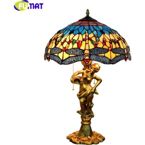 FUMAT European Style Dragonfly Shade Table Lamp Home decor Art Stained glass Table Lights for Living Room Bedside LED Table Lamp