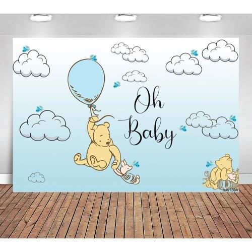 Sky Blue Clouds Balloon Bear Baby Shower Backdrop for Photo Studio Oh Baby Birthday Party Photography Backgrounds Custom