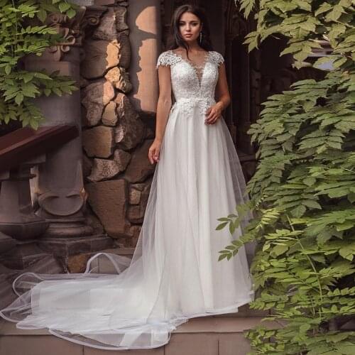 A Line Cap Sleeve Wedding Dresses 2021 Lace Appliques Bride Dress Court Train Vestido De Noiva Free Shipping Floor Length