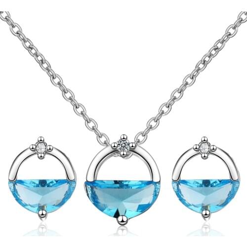 Simple Blue Crystal Bridal Necklaces Earrings Set for Women Fashion 925 Sterling Silver Engagement Jewelry Sets