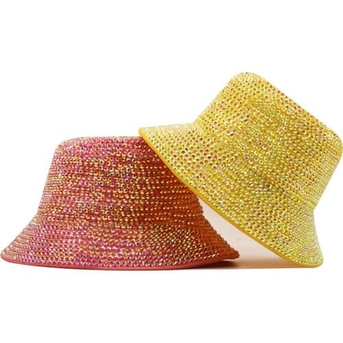 Luxury Diamond Bucket Hat Women Reversible Pu And Cotton Soild Sun Hat Fashion Bob Panama Autumn Girl Party Bling Fisherman Hat