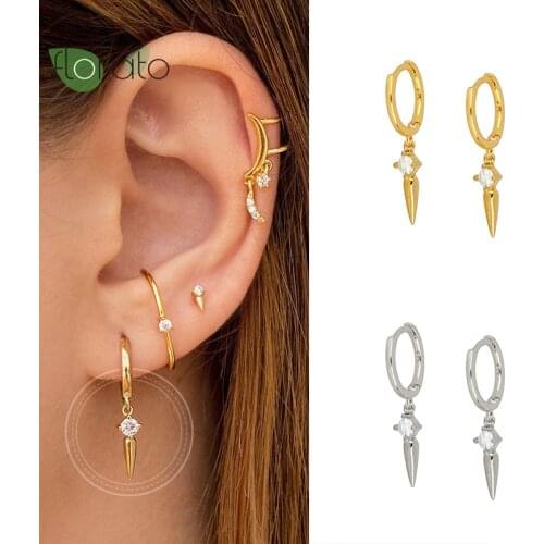 925 Sterling Silver CZ Crystal Charms Hoop Earrings for Women Geometric Cone Prevent Allergy Earrings Jewelry