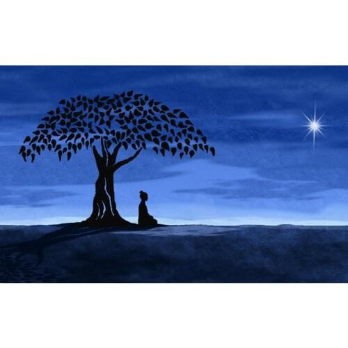 Buddha Sitting Under a Tree with Blue Night Sky Art print Silk poster Home Wall Decor