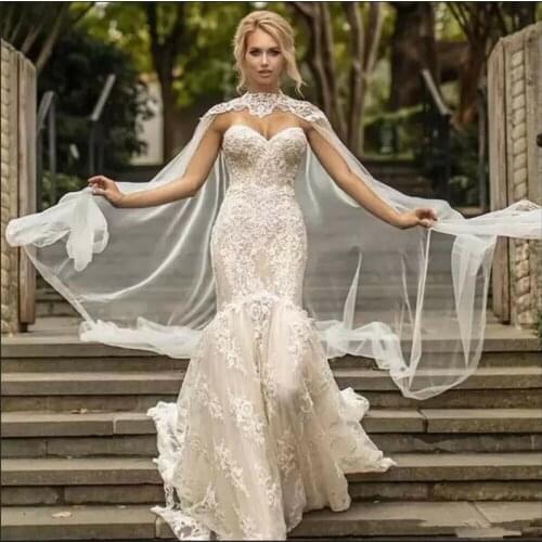 Appliques Bridal Cloak Long Tulle Jackets High Neck White Ivory Capes Wedding Accessories