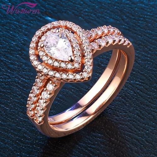 Wuziwen Solid 925 Sterling Silver Rose Gold Color Wedding Engagement Ring Set For Women Halo Pear Shape Teardrop Zircon BR0912