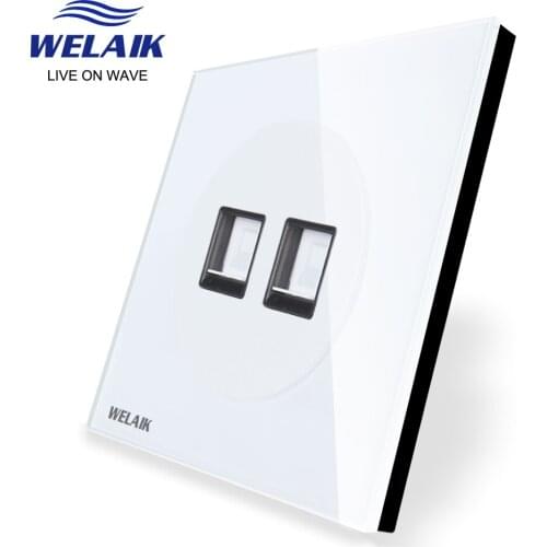 WELAIK Tempering-Glass Panel-UK 2combinations-Wall Computer-Socket-CAT5 White UK-Standard B182COW